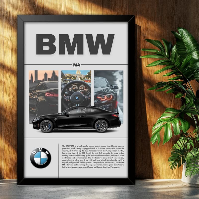 تابلو بکلیت طرح ماشین و خودرو بی ام و BMW M4 مدل B-po1882 فریم مشکی — تصویر ۵