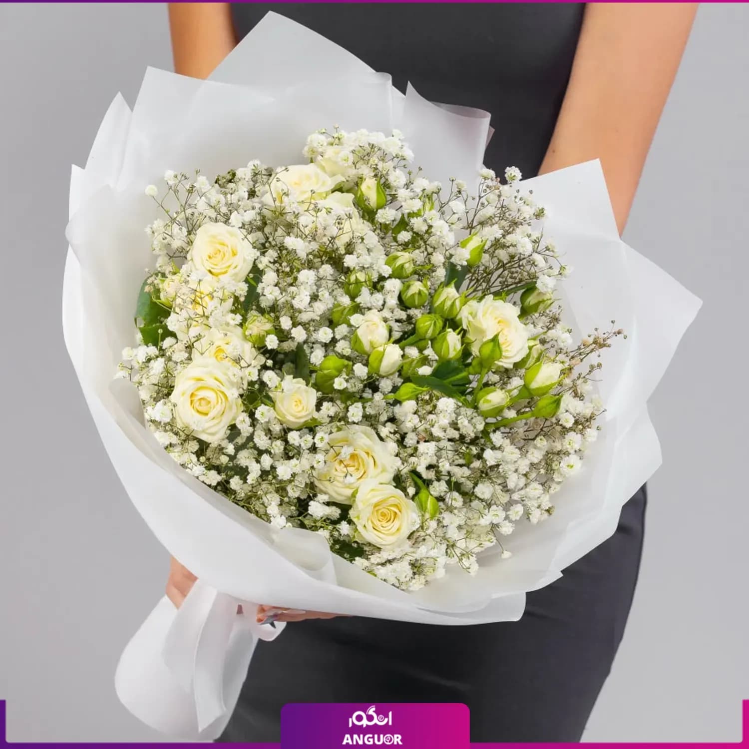 دسته گل ژیپسوفیلا و رز مینیاتوری سفید — تصویر ۲