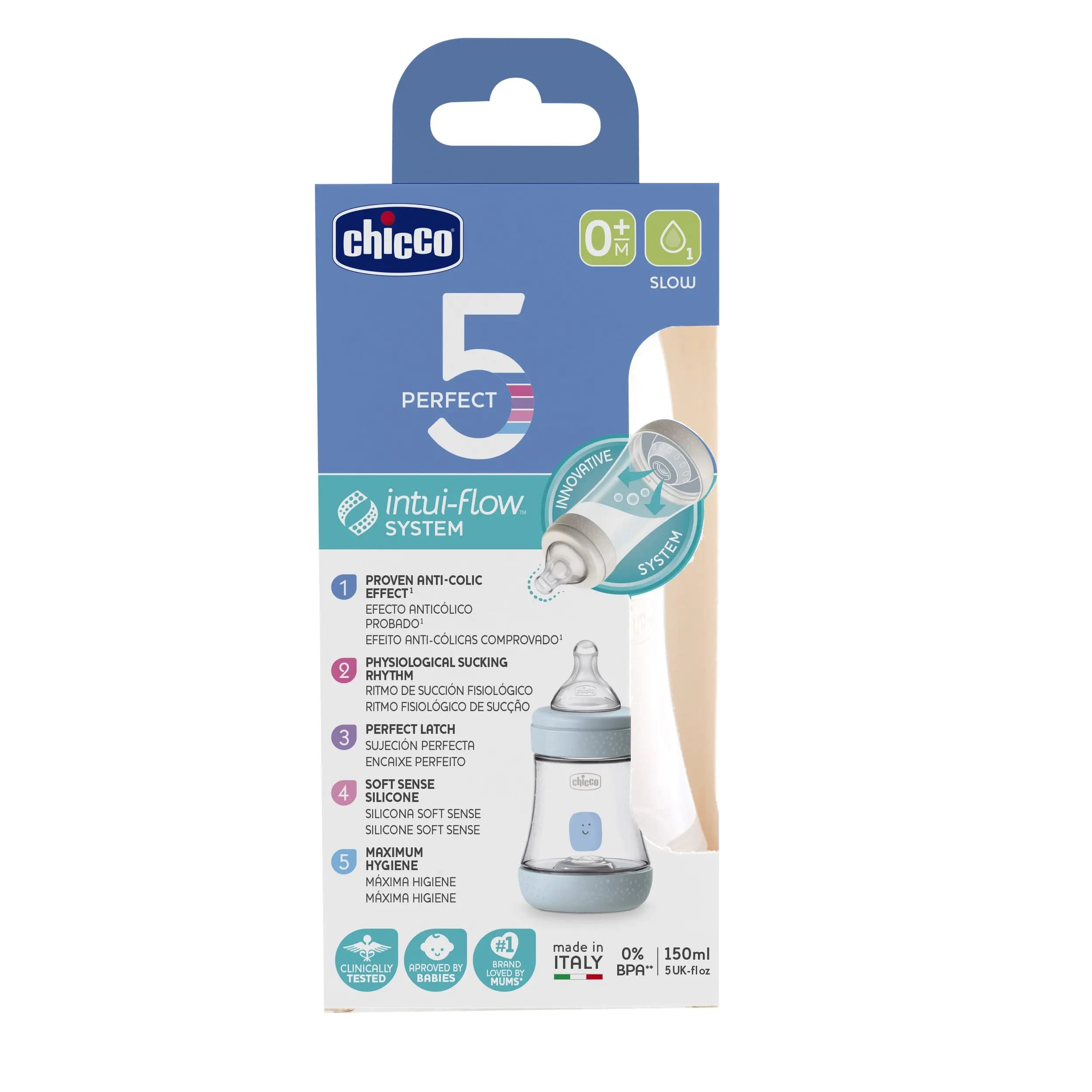 شیشه شیر چیکو chicco پرفکت perfect ۵ میل ۱۵۰ml ضدنفخ +۰m — تصویر ۹