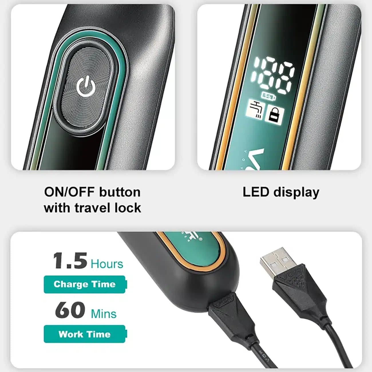 ریش تراش و ماشین اصلاح بدن وی جی آر VGR مدل V-360 ضد آب با نمایشگر — تصویر ۷
