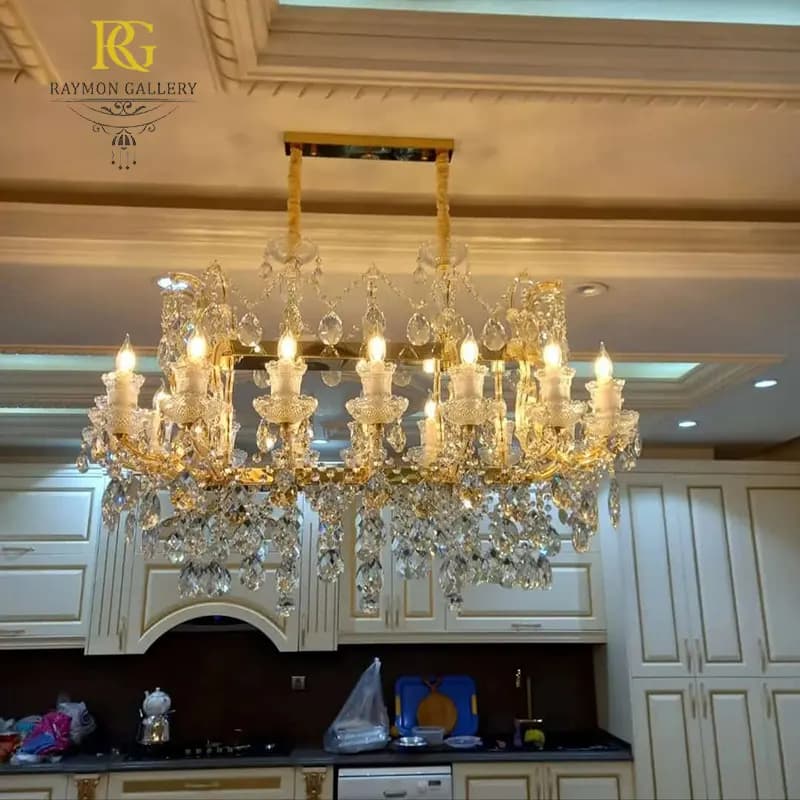 لوستر باکارات خطی بلوری طلایی و آویز های اشکی (16 شاخه)