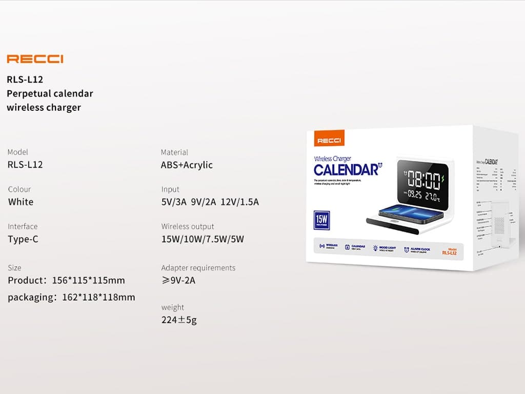 شارژر بیسیم و ساعت رومیزی رچی Recci RLS-L12 Perpetual Calendar Wireless Charger — تصویر ۹