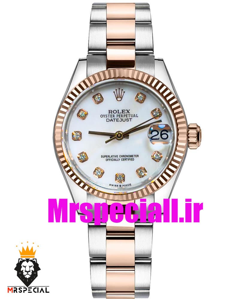 ساعت زنانه رولکس دیت جاست اتوماتیک دورنگ رزگلد صفحه سفید سایز31 020641 ROLEX DATEJUST