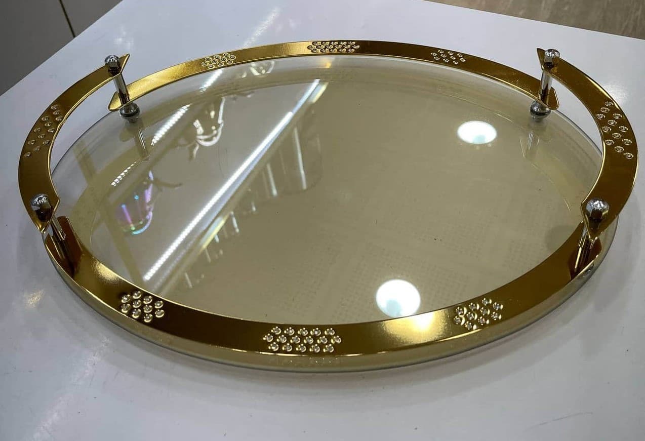 سینی پذیرایی طلایی استیل بیضی کف شیشه سکوریت جدید مدل c9209 — تصویر ۶