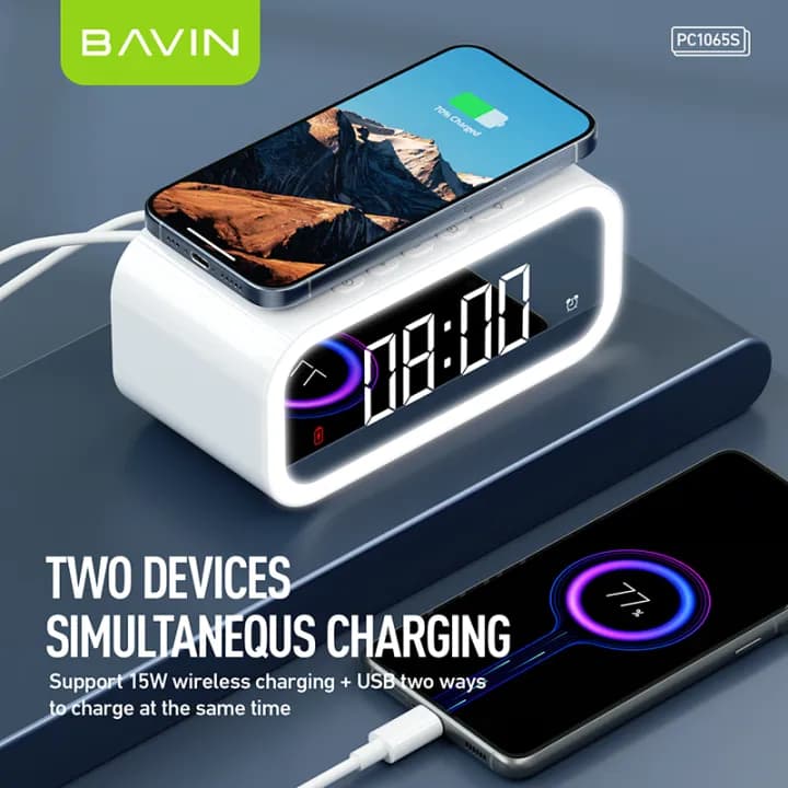 ساعت رومیزی هوشمند سه کاره باوین Bavin Wireless Charging Clock — تصویر ۸
