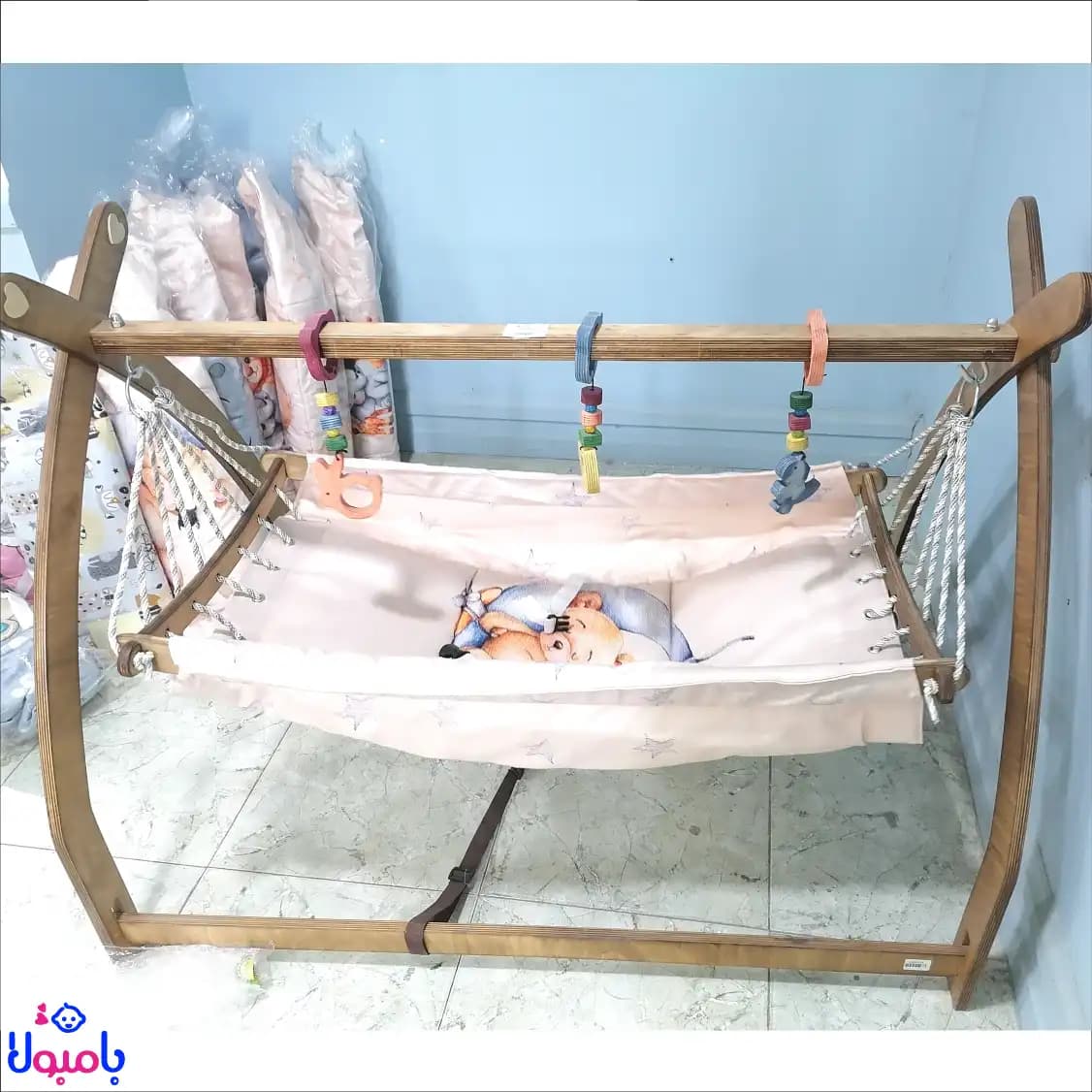 گهواره سنتی چوبی 8 طنابه سرخ پوستی تاشو نوزاد دانینی — تصویر ۲