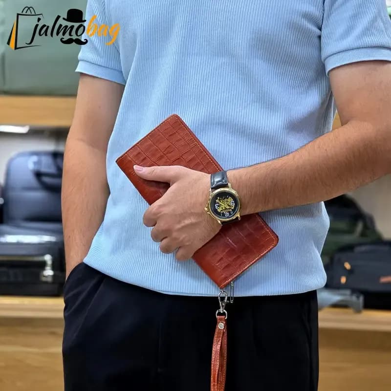 کیف دسته چک چرم طبیعی گاوی مردانه با جای کارت و موبایل — تصویر ۱۲