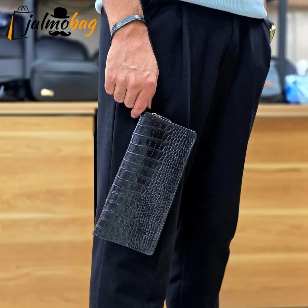 کیف دسته چک چرم طبیعی گاوی مردانه با جای کارت و موبایل — تصویر ۳