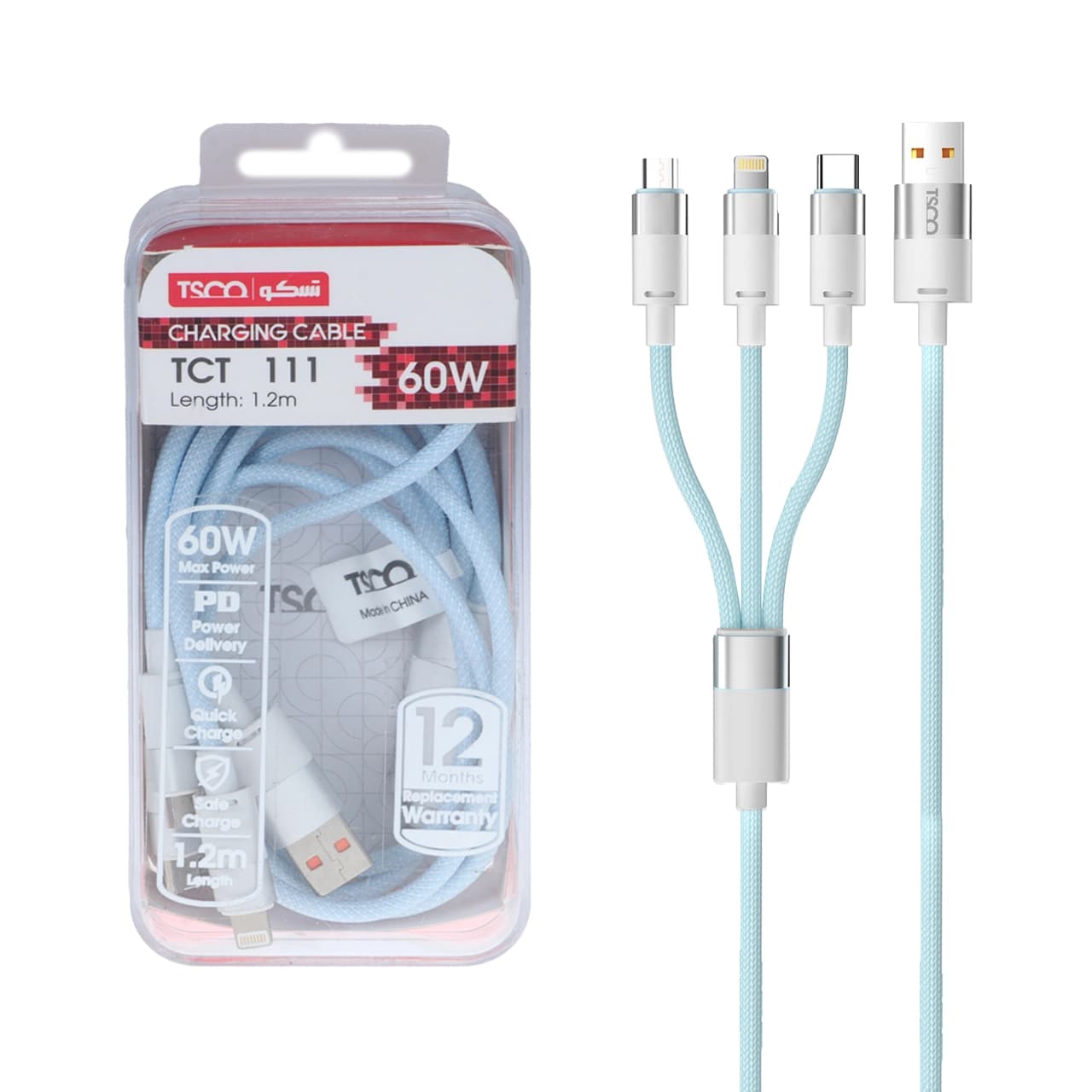 کابل شارژ فست 1.2 متری سه کاره TSCO مدل TCT 111 60W – آبی — تصویر ۳