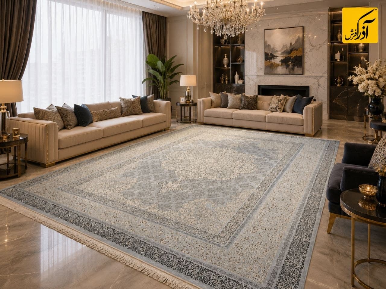 فرش ماشینی دیبا در سایز دلخواه رنگ بندی خنثی و طرح کلاسیک — تصویر ۵