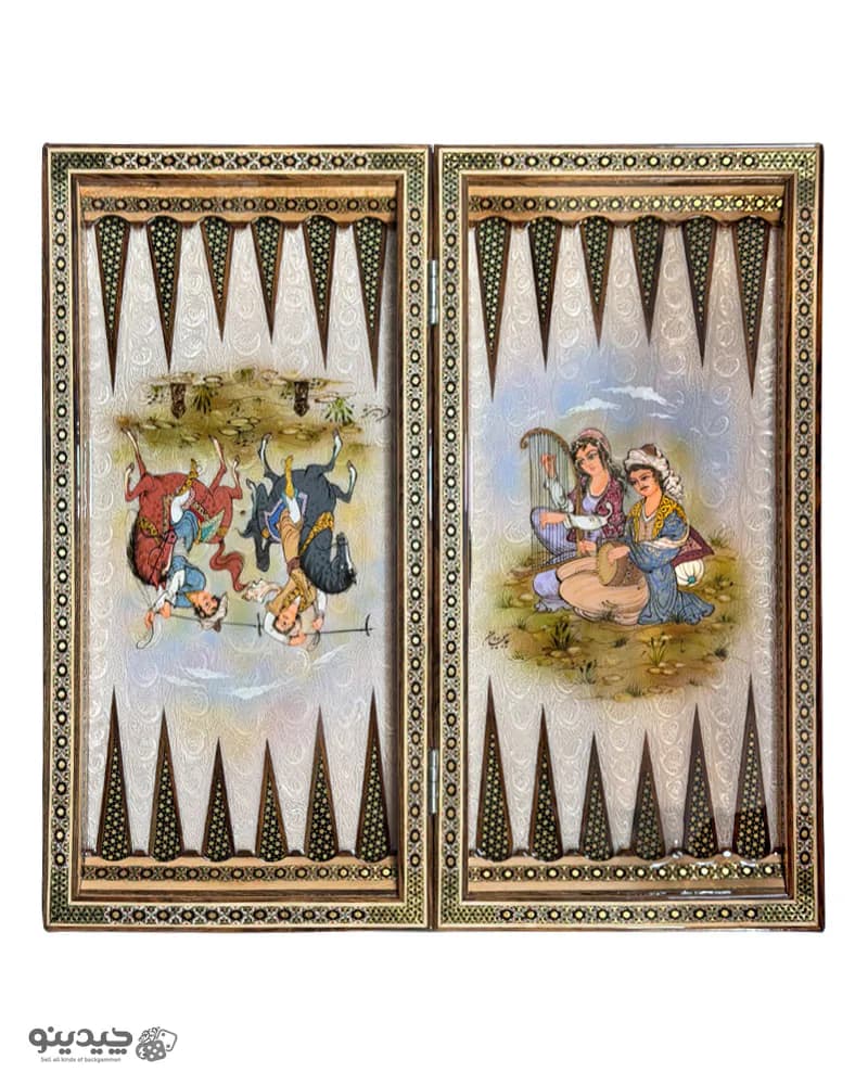 تخته نرد خاتم کاری نقاشی بزم و چوگان طرح ضیافت کد 10368 — تصویر ۱۲