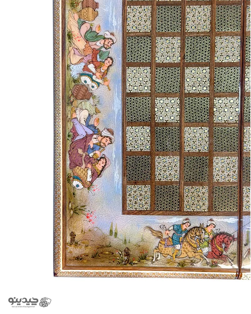 تخته نرد خاتم کاری نقاشی بزم و چوگان طرح ضیافت کد 10368 — تصویر ۷