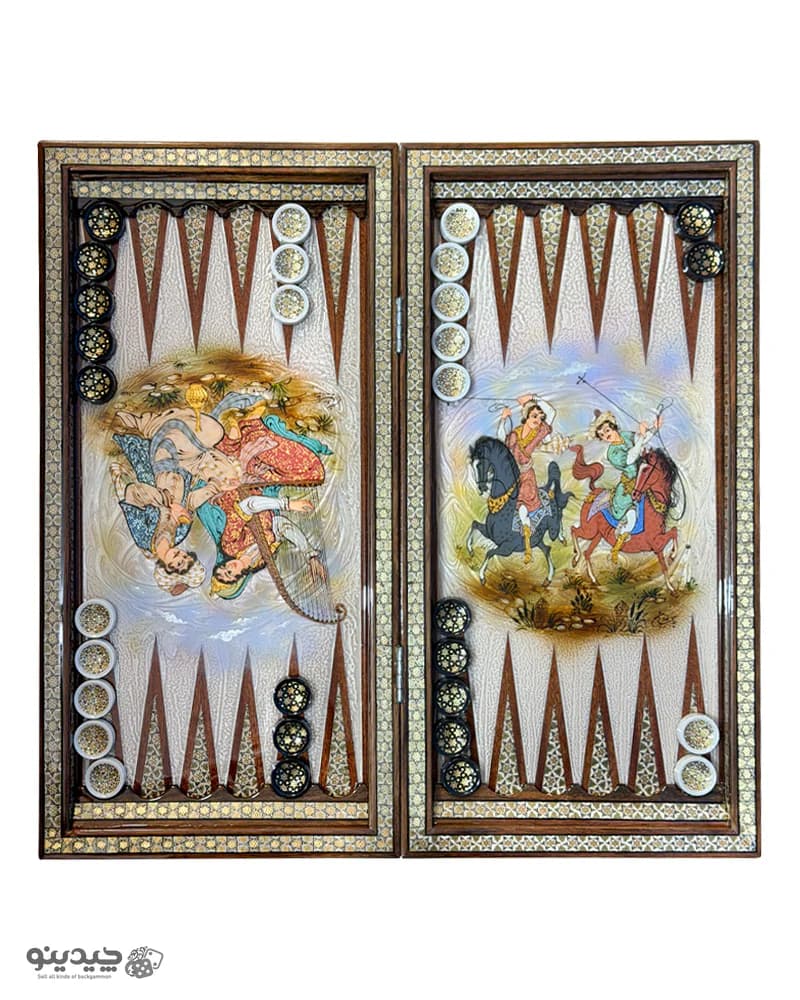 تخته نرد خاتم کاری نقاشی بزم و چوگان طرح شور زندگی کد 10365 — تصویر ۹