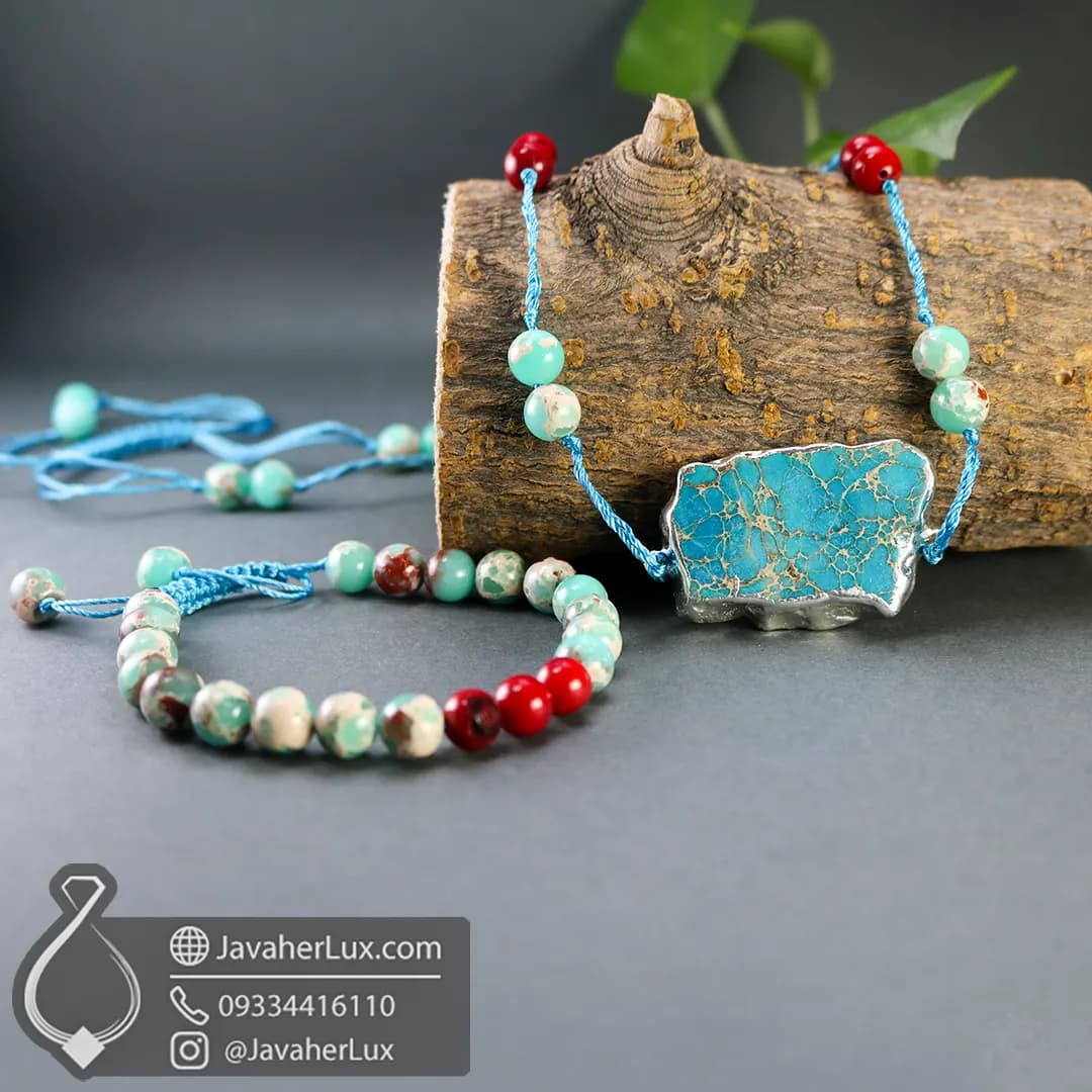 ست گردنبند و دستبند سنگی فیروزه آفریقایی و مرجان قرمز اصل _ کد: 401030 — تصویر ۱۲