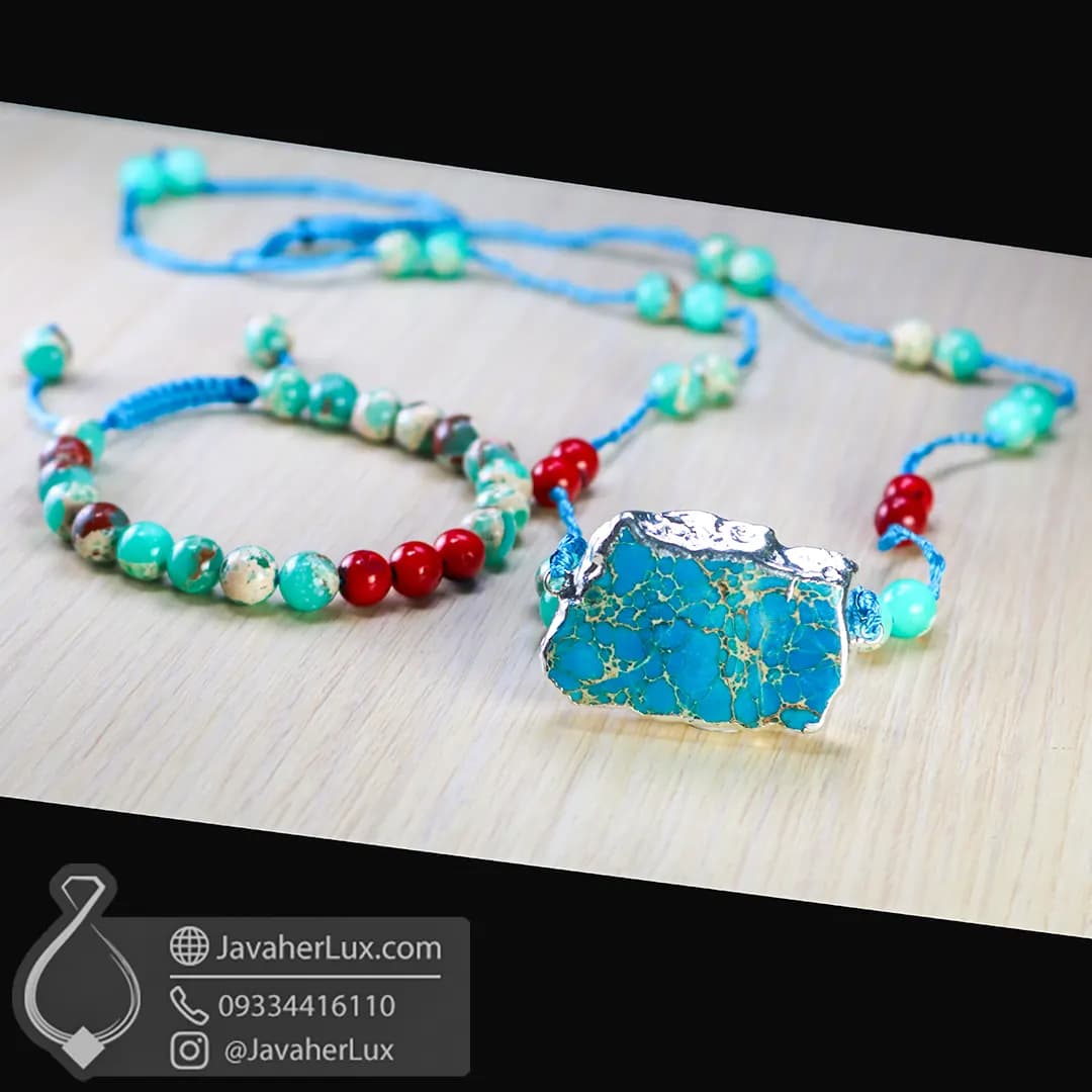 ست گردنبند و دستبند سنگی فیروزه آفریقایی و مرجان قرمز اصل _ کد: 401030 — تصویر ۲