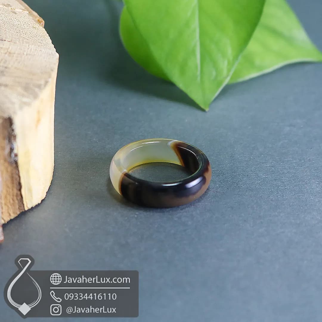 حلقه سنگی عقیق اصل و طبیعی دو رنگ کرم قهوهای _ کد 400976 — تصویر ۶