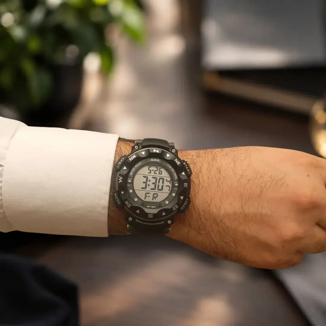 ساعت مچی اسپرت آیک | AIKE طرح G-SHOCK دیجیتالی مدل AK-1837 رنگ مشکی – طوسی به همراه جعبه و پاکت اورجینال — تصویر ۲
