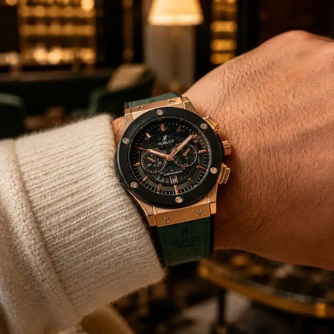 ساعت مچی مردانه و پسرانه هابلوت HUBLOT طرح کورنوگراف (های کپی درجه 1 ) رزگلد مشکی بند چرم — تصویر ۲