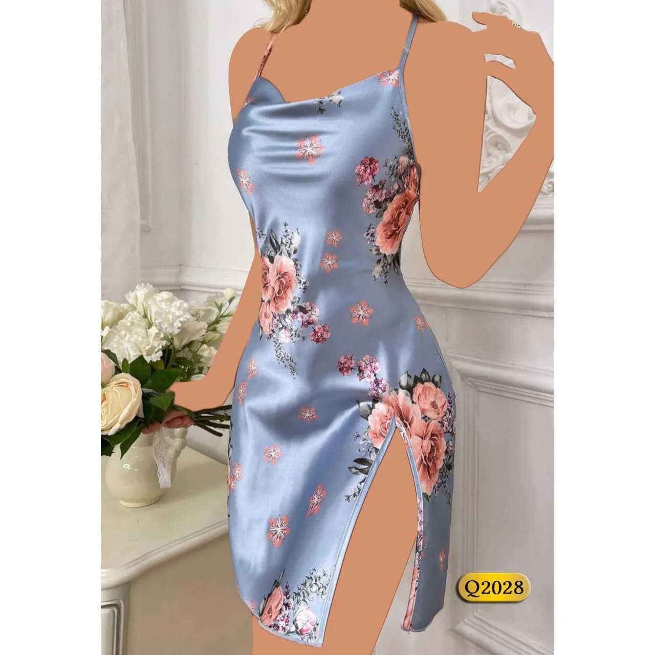 لباس خواب ساتن کنار باز یقه دراپه Queen کد Q2028 — تصویر ۷