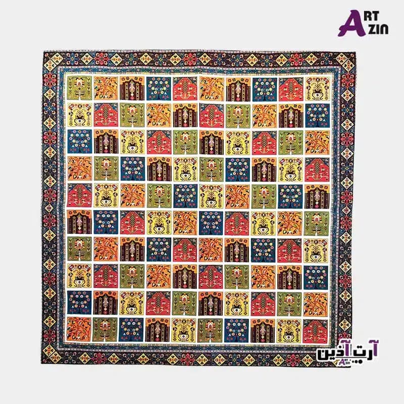 رومیزی مخمل چاپی سنتی ایرانی 90 سانتی آستردوزی شده طرح شطرنجی کد: 52 – 607 — تصویر ۲