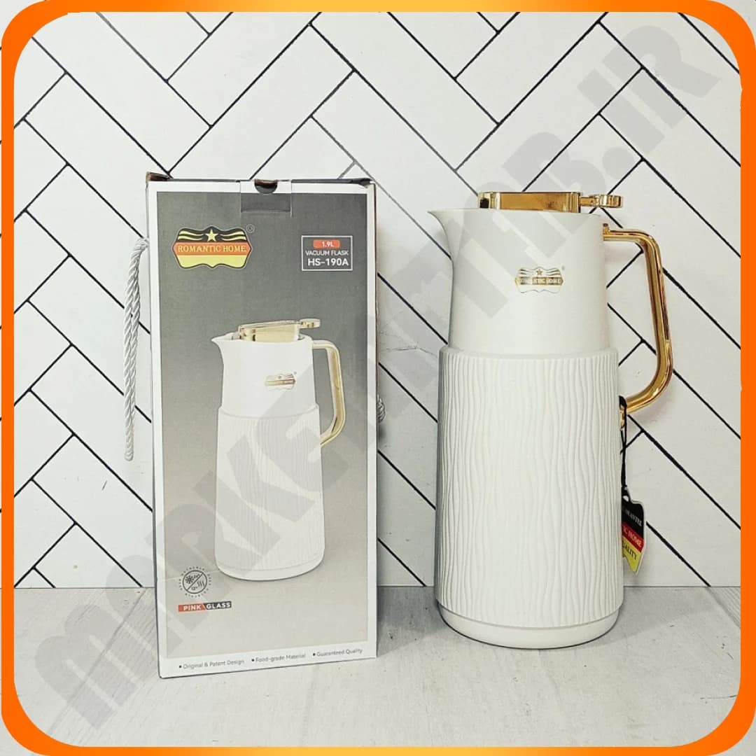 فلاکس 1/9 لیتر بدنه پلاستیک درب طلایی HS-190A سفید رومانتیک هوم — تصویر ۲