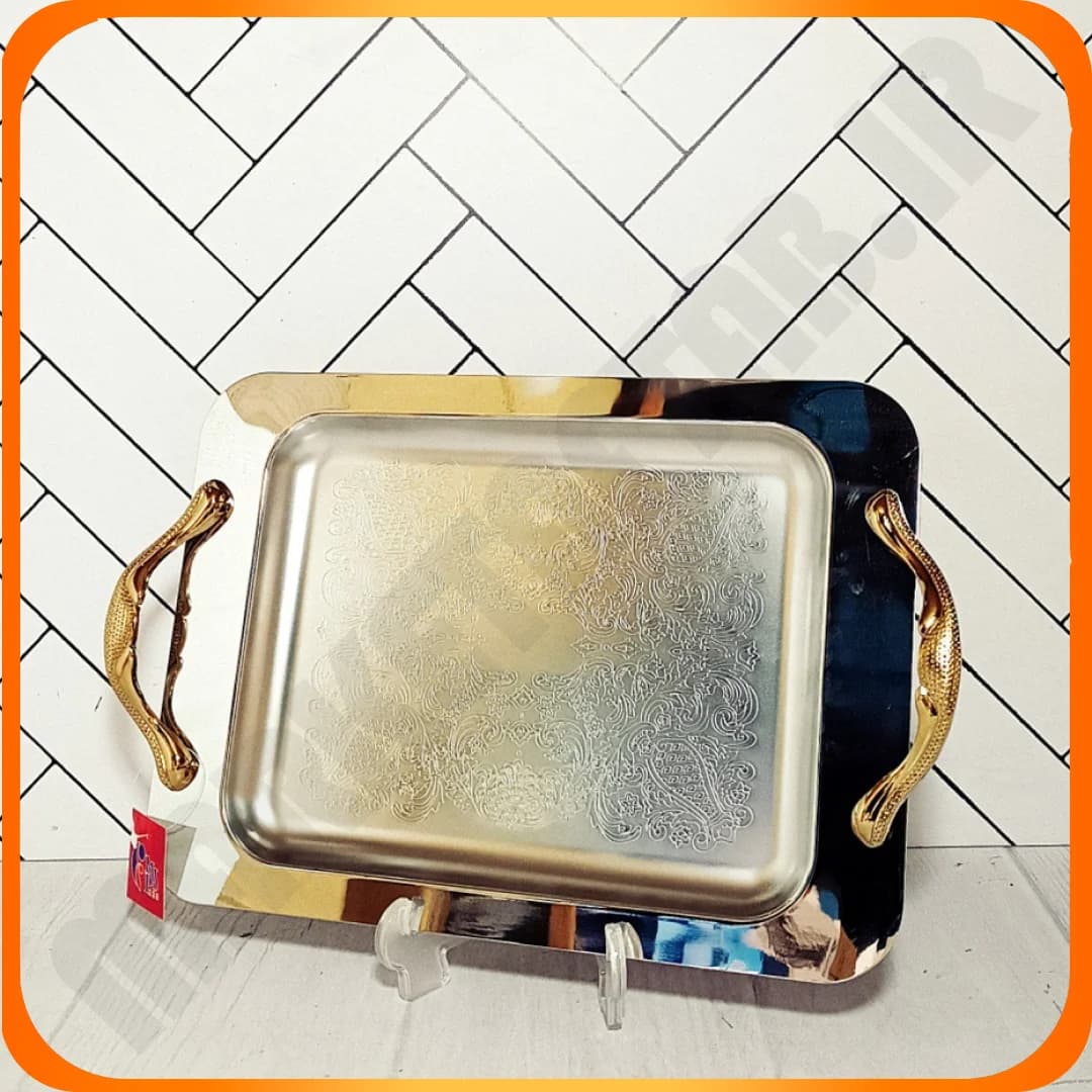سینی مستطیل متوسط دسته طلایی استیل نگیر 613-13G ام جی پی — تصویر ۲