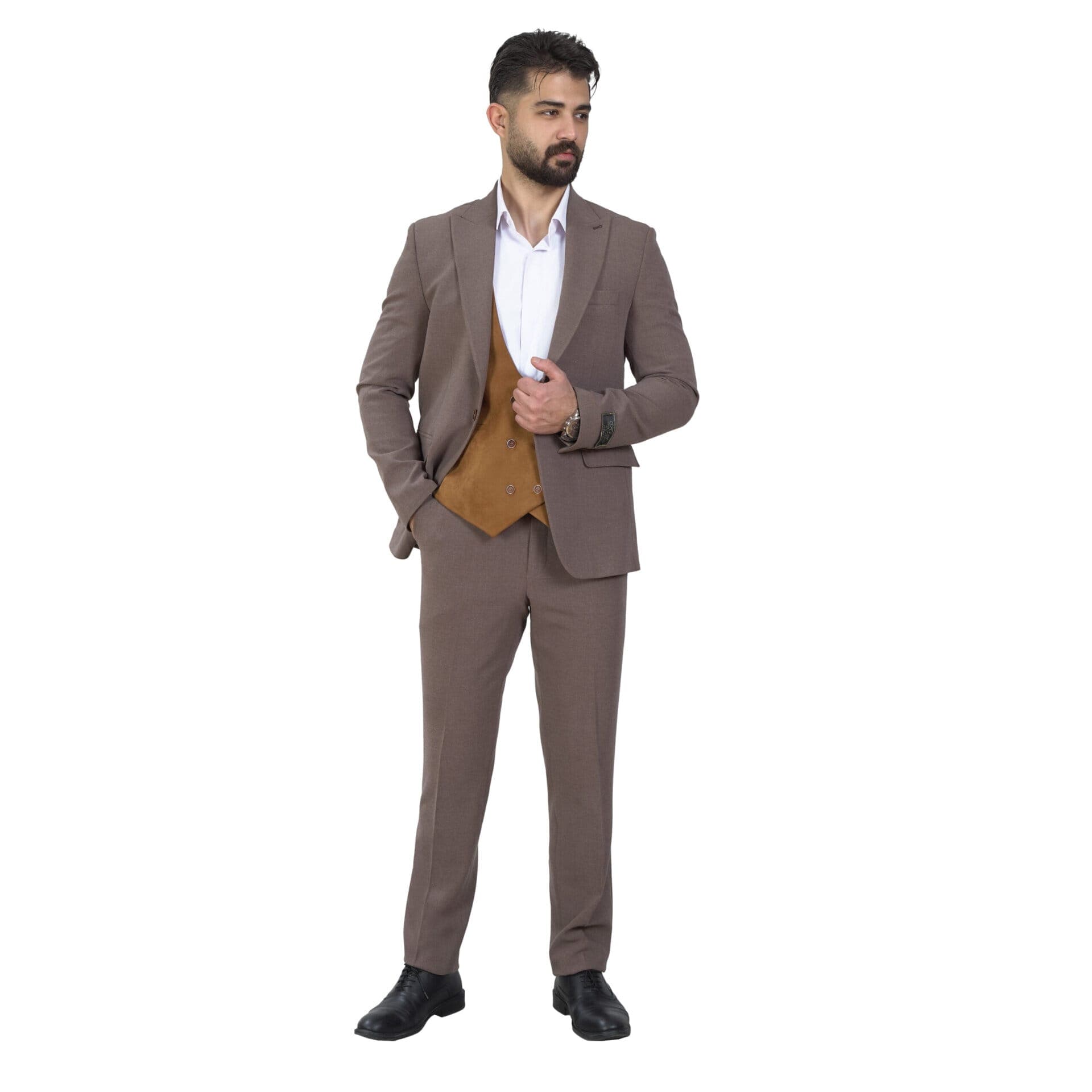 کت شلوار مردانه پارچه گاباردین کش درجه یک طوسی جلیقه دو رو کد pv456