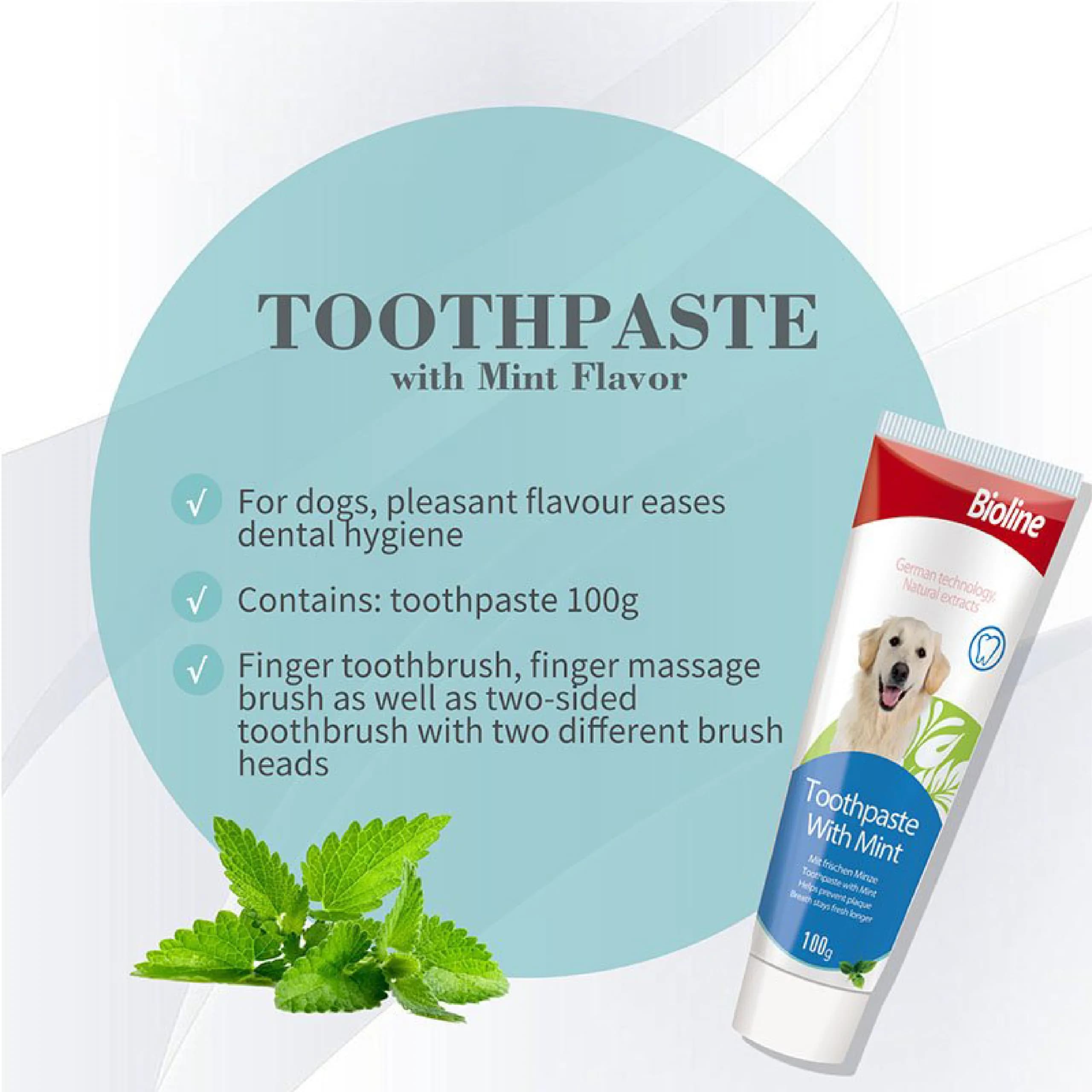 ست خمیر دندان و مسواک سگ بایولاین طعم نعنا وزن 100 گرم Bioline toothpaste with Mint — تصویر ۳