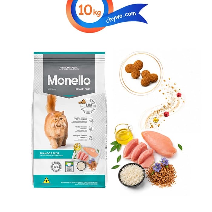 غذای خشک گربه بالغ مونلو طعم مرغ و ماهی مدل هیربال وزن 10 کیلوگرم Hairball monello