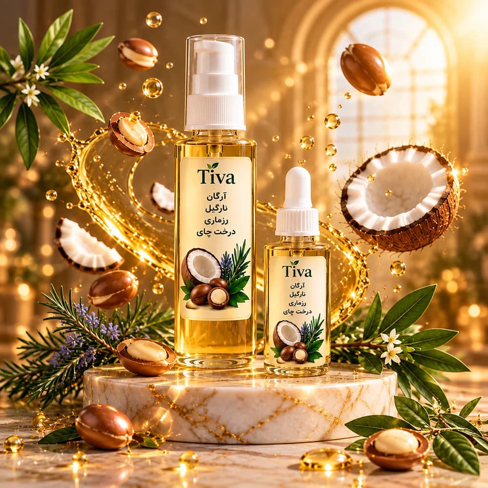 روغن ترکیبی چهارگانه تیوا Tiva برای مو و پوست سر | آرگان، نارگیل، رزماری و درخت چای — تصویر ۳