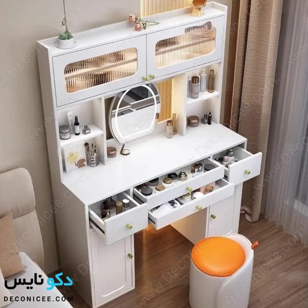 میز آرایش مدل ma142 دکونایس؛ میز گریم آینهدار با کشو و کمد — تصویر ۹