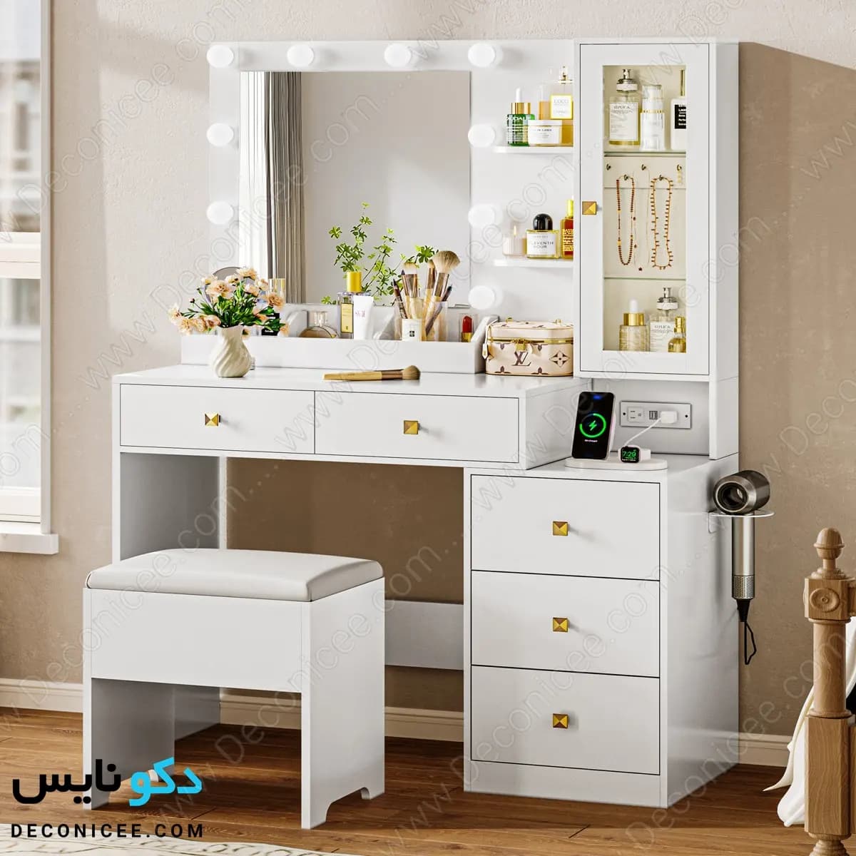 میز آرایش مدل MA125 دکونایس با آینه چراغدار