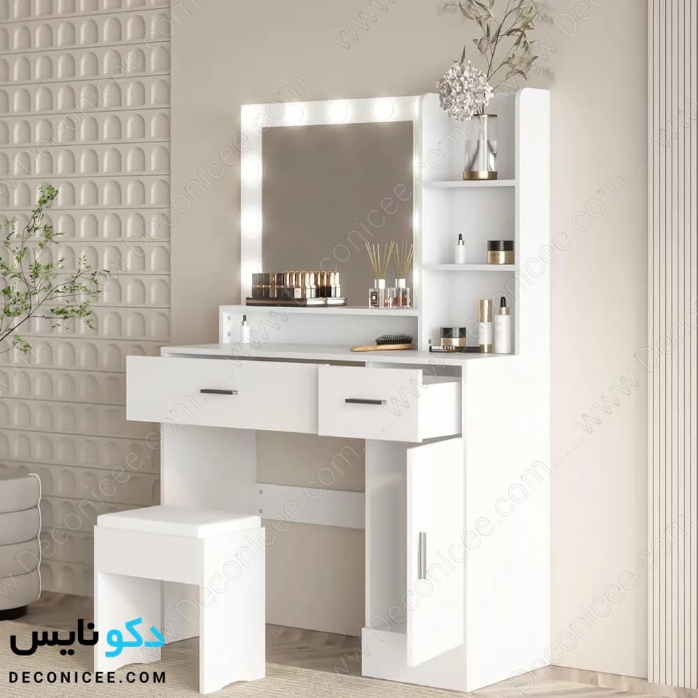 میز آرایش مدل MA106 دکونایس با آینه چراغدار، کمد و صندلی — تصویر ۶
