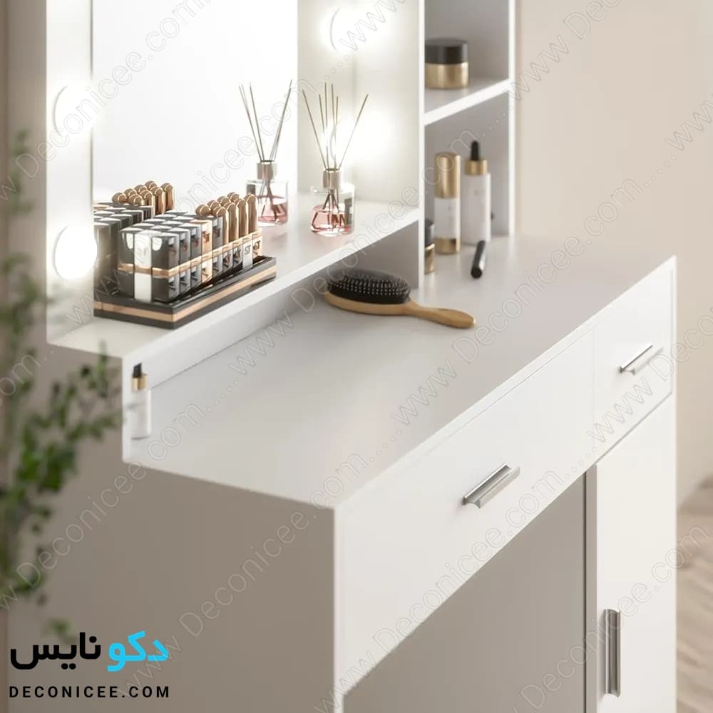 میز آرایش مدل MA106 دکونایس با آینه چراغدار، کمد و صندلی — تصویر ۷