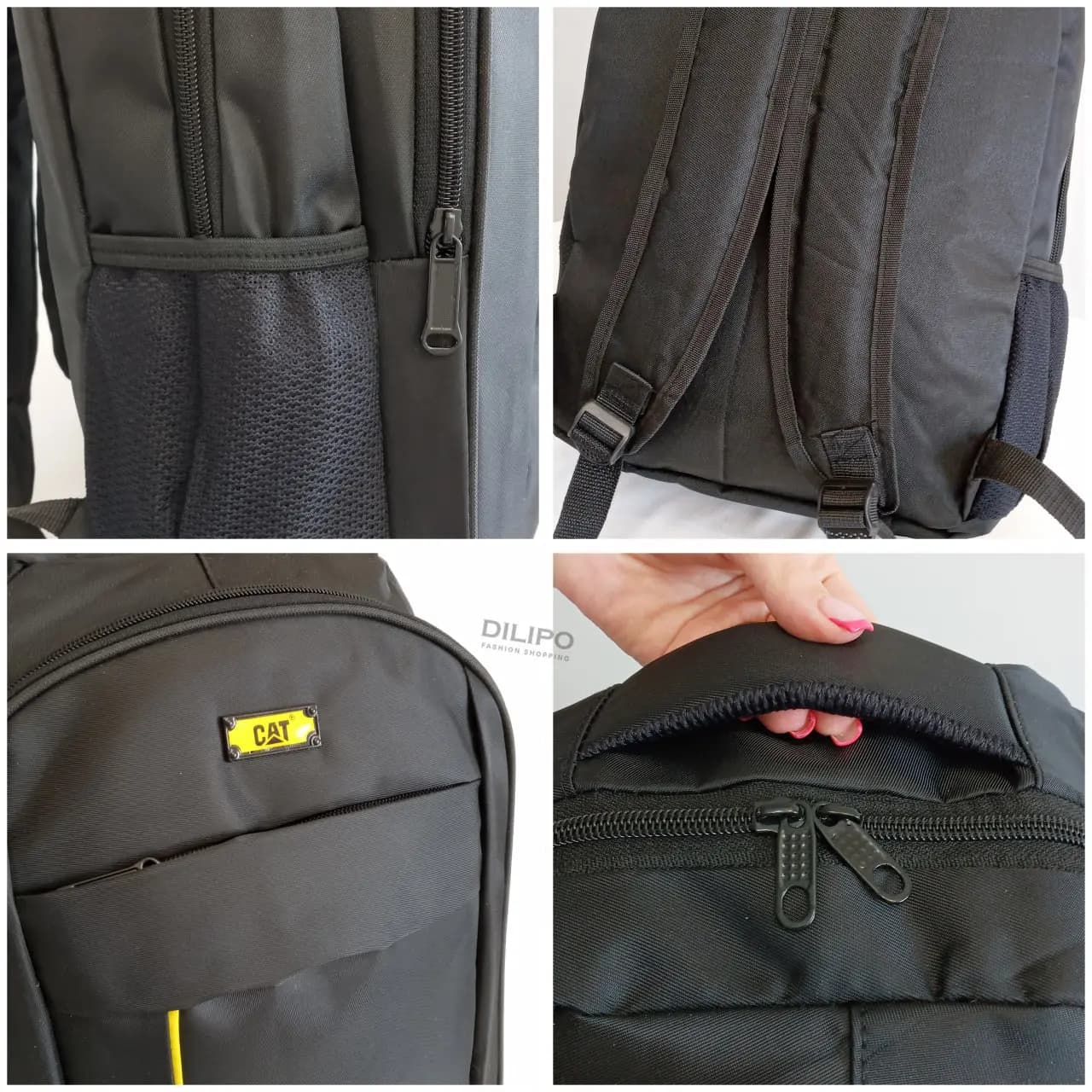 کوله پشتی برزنتی مشکی آریا طرح کاترپیلار 2464 — تصویر ۲