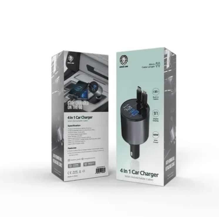 شارژر فندکی ۴ کاره گرین لاین 4In1 Car Charger Retractable Cable (فروش عمده و تک)