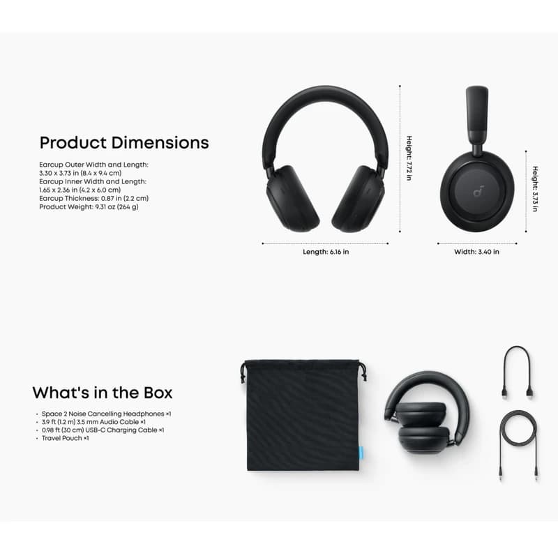 هدفون بلوتوثی انکر مدل Soundcore Space 2 با نویز کنسلینگ فعال ANC — تصویر ۱۰