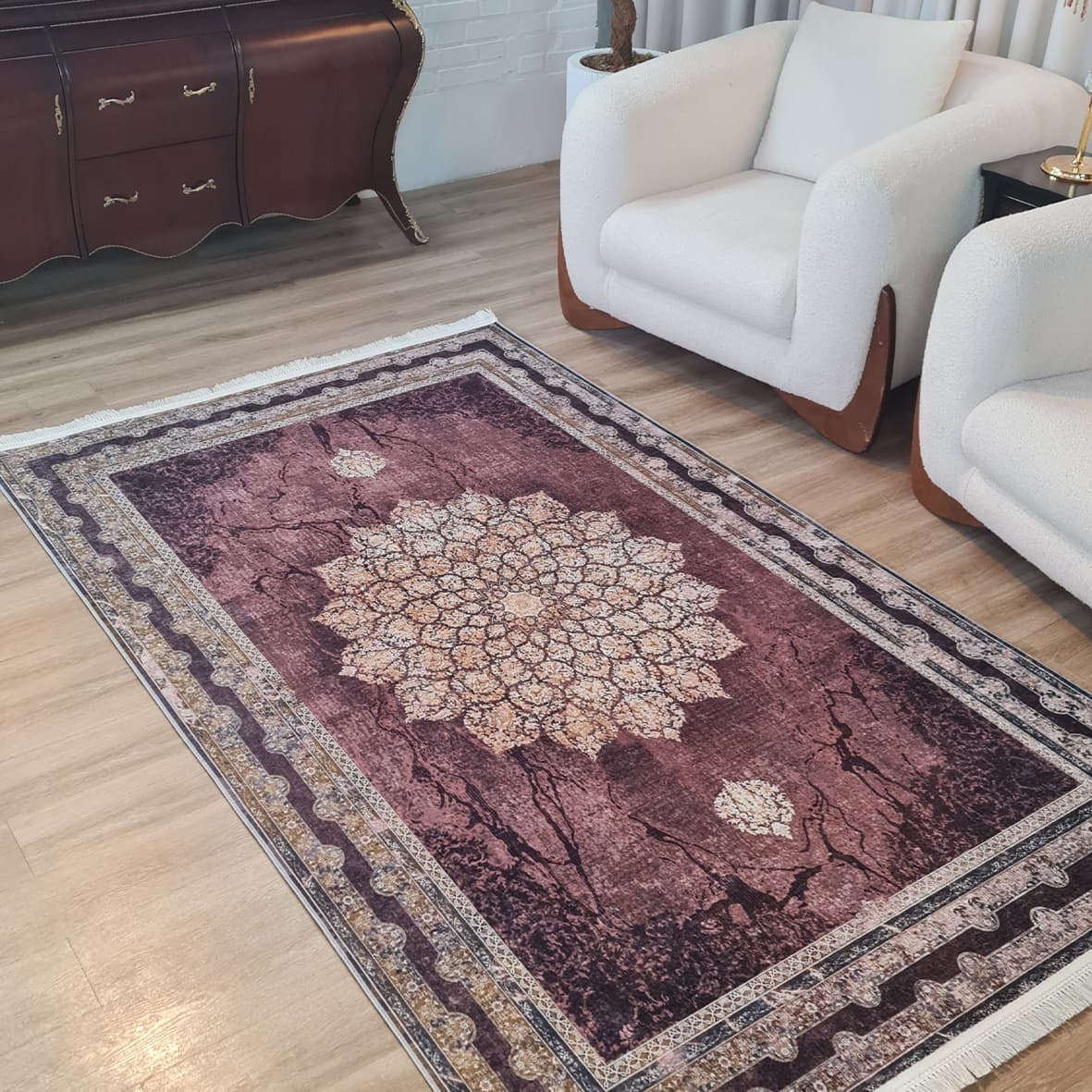 فرش ماشینی چاپی | فرشینه مخمل هازان ترک استپ دار (ضد سر) طرح سنتی کد L319 — تصویر ۹