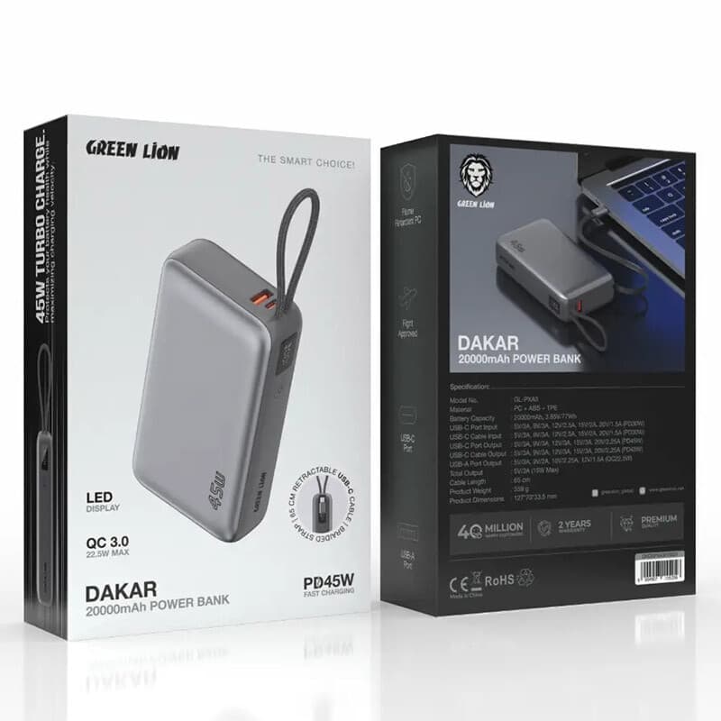 پاور بانک فست شارژ گرین لاین DAKAR GL-PXA3 GNDAPXA3P20GY QC3.0 PD 45W ظرفیت 20000 میلی آمپر ساعت — تصویر ۶