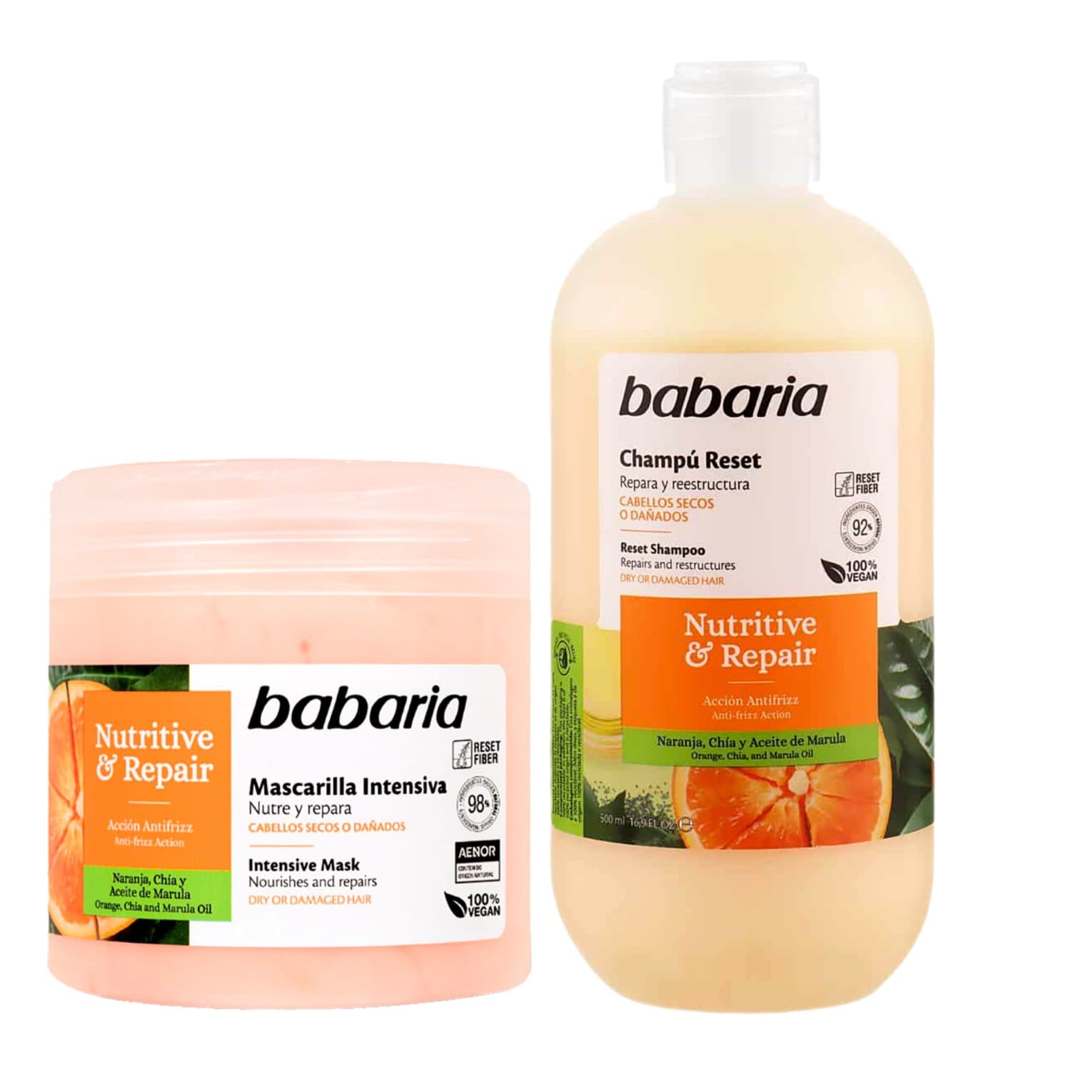 ست شامپو و ماسک مو تقویت کننده و ترمیم کننده مو باباریا حاوی عصاره پرتقال babaria مدل Nutritive & Repair مناسب موهای خشک و آسیب دیده