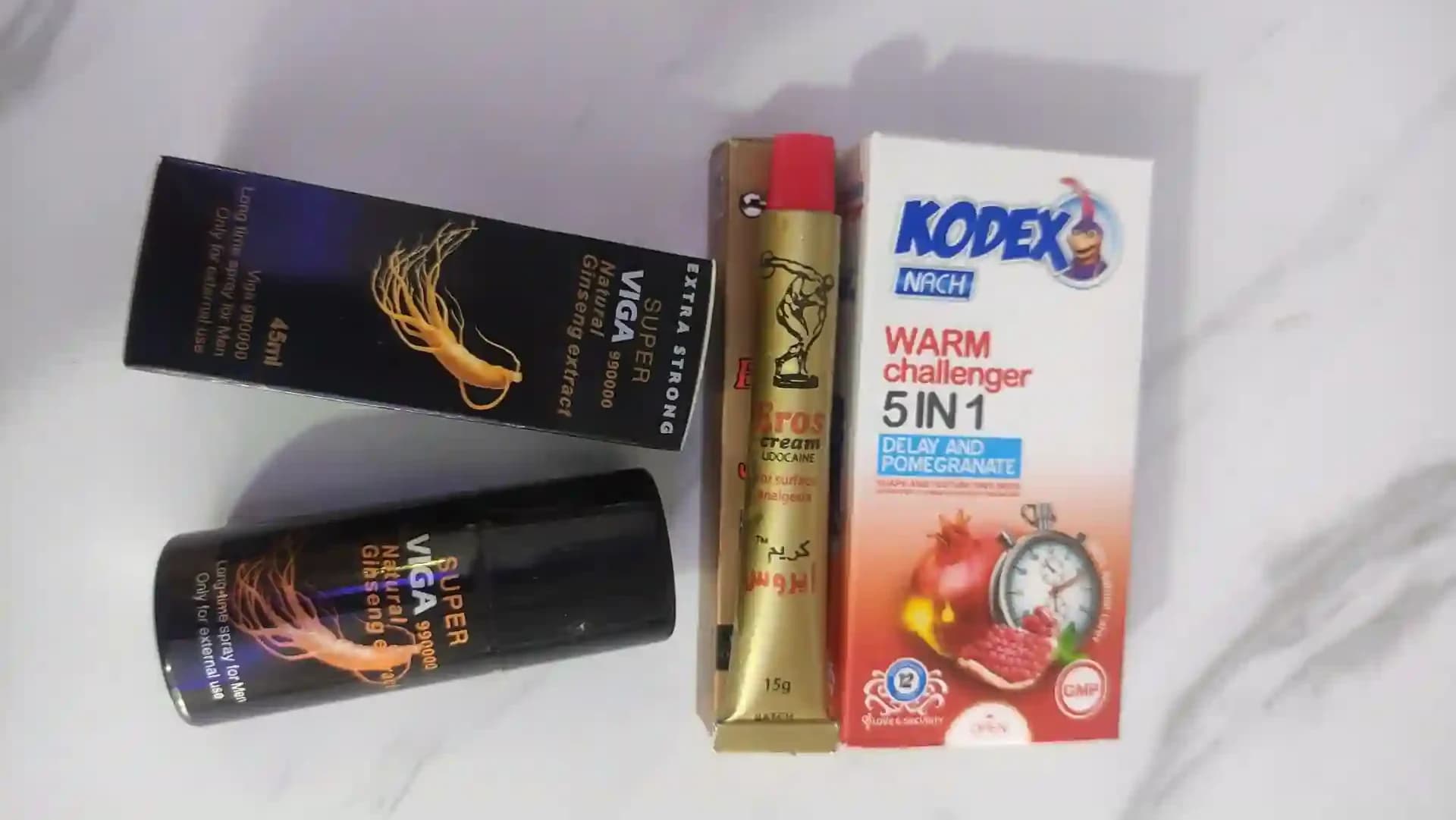 پکیج کرم تاخیری اروس + اسپری تاخیری ویگا جنسینگ + کاندوم ناچ کدکس مدل Warm Challenger 5in1 (بسته ۱۲ عددی با رایحه انار) — تصویر ۲