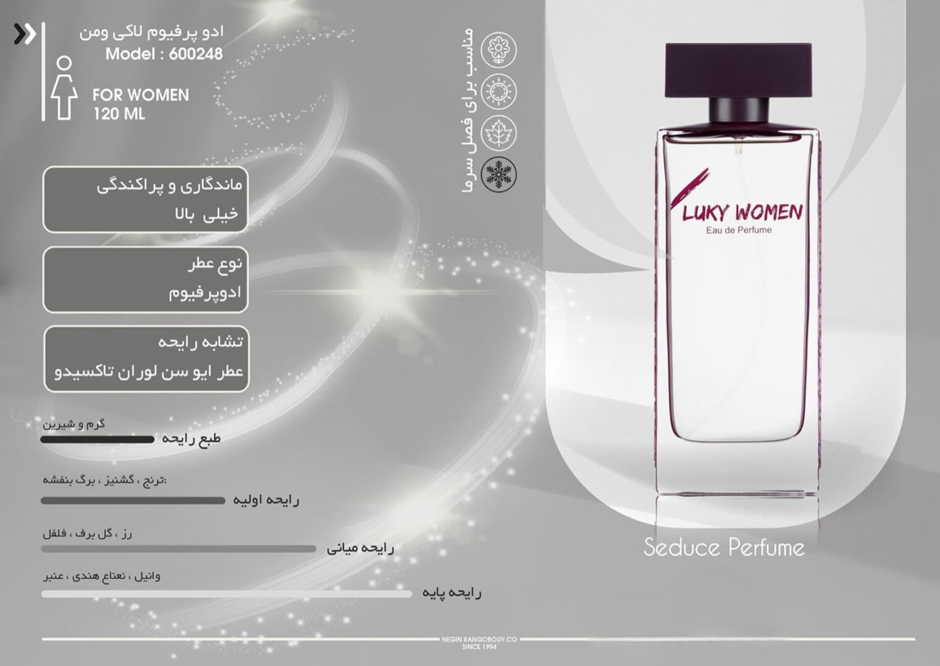 ادو پرفیوم سدیوس مدل لاکی وومن مشابه رایحه ایو سن لورن تاکسیدو حجم 100ml — تصویر ۶