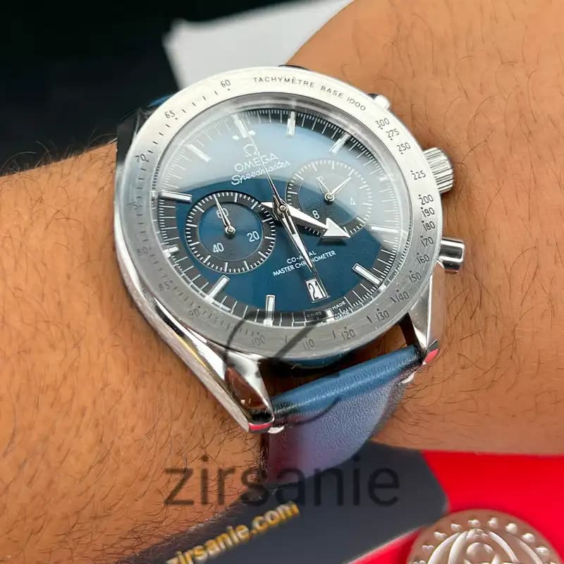 ساعت مچی مردانه امگا اسپید مستر کرنوگراف سیلور صفحه آبی بند چرم Omega Speedmaster Chronograph Silver Blue Screen Leather Strap — تصویر ۷