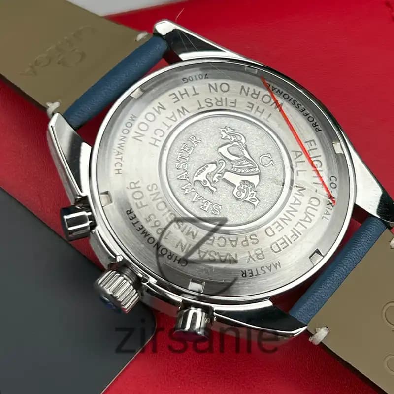 ساعت مچی مردانه امگا اسپید مستر کرنوگراف سیلور صفحه آبی بند چرم Omega Speedmaster Chronograph Silver Blue Screen Leather Strap — تصویر ۶