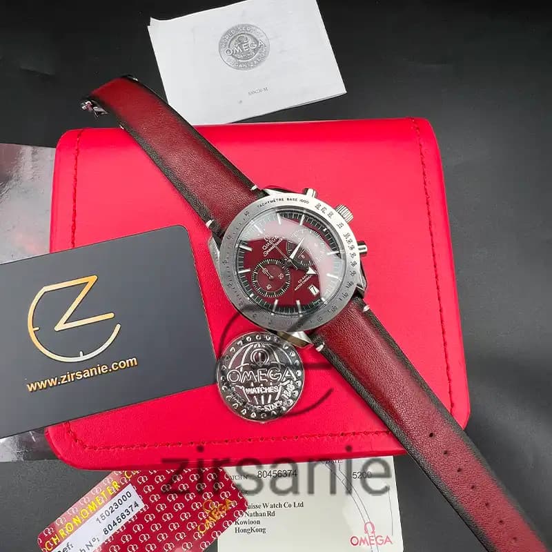 ساعت مچی مردانه امگا اسپید مستر کرنوگراف سیلور صفحه زرشکی بند چرم Omega Speedmaster Chronograph Silver Crimson Screen Leather Strap — تصویر ۱۰
