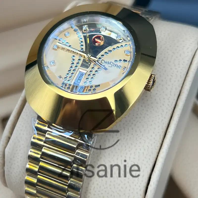 ساعت مچی مردانه رادو تخم مرغی اتومات تمام طلایی Rado Diastar Automatic Full Golden — تصویر ۴