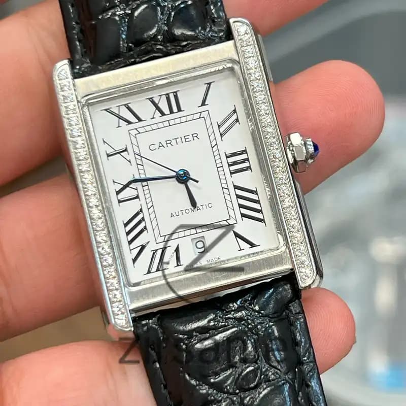 ساعت مچی مردانه کارتیر تانک اتومات دورنگین سیلور سفید Cartier Tank Automatic Daimand Silver White — تصویر ۷