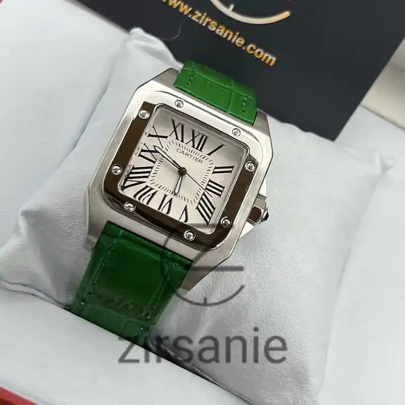 ساعت مچی زنانه کارتیر سانتوز بند چرم سیلور سبز Cartier Santoz Leather Strap Silver Green — تصویر ۱۲