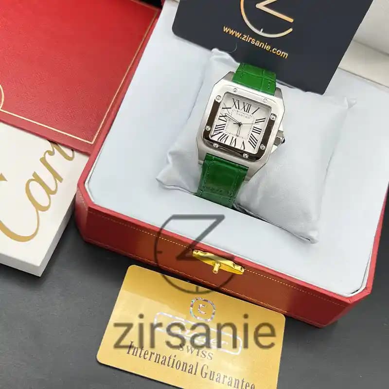 ساعت مچی زنانه کارتیر سانتوز بند چرم سیلور سبز Cartier Santoz Leather Strap Silver Green — تصویر ۱۰