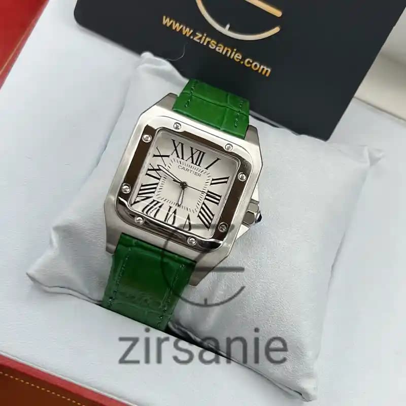 ساعت مچی زنانه کارتیر سانتوز بند چرم سیلور سبز Cartier Santoz Leather Strap Silver Green — تصویر ۳